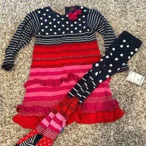 NWT Catimini Navy and Pink Knit Dress with Tights